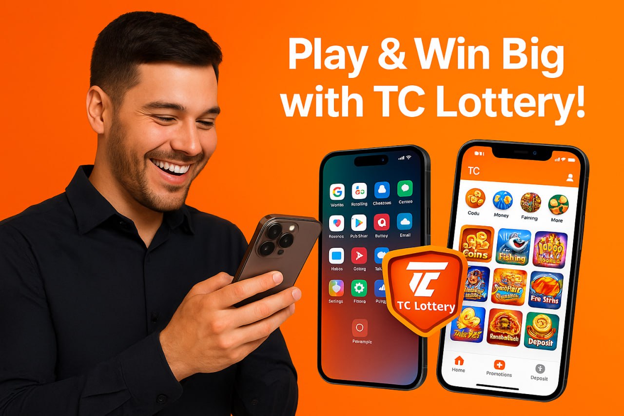 "A smiling man holding a smartphone looks excited while two phones display mobile apps and a lottery gaming interface with colorful icons. The image promotes 'Play & Win Big with TC Lottery!' on a bright orange background, with the TC Lottery logo prominently displayed."