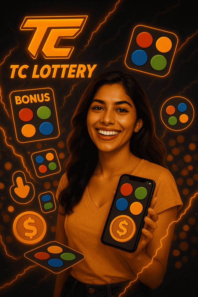 "Smiling woman holding a smartphone displaying the TC Lottery app with colorful game icons and dollar coin symbols, surrounded by glowing graphics and bonus icons."