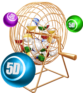 "Golden lottery ball cage filled with multicolored balls, surrounded by three floating lottery balls labeled '5D' in purple, green, and blue."